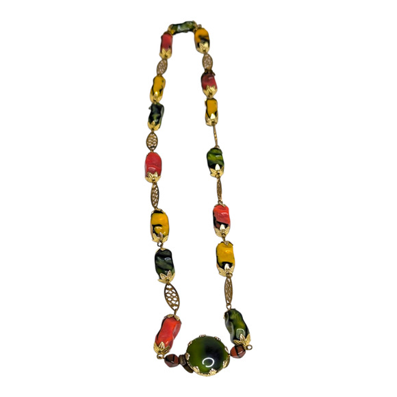 Western Germany Pressed Multi Colored Beaded Gold Tone 22in Necklace Vtg - Picture 7 of 8